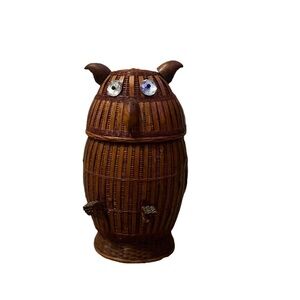 Vintage‎ Mid Century 70s Shanghai Handicrafts Owl Lidded Figural Basket Box